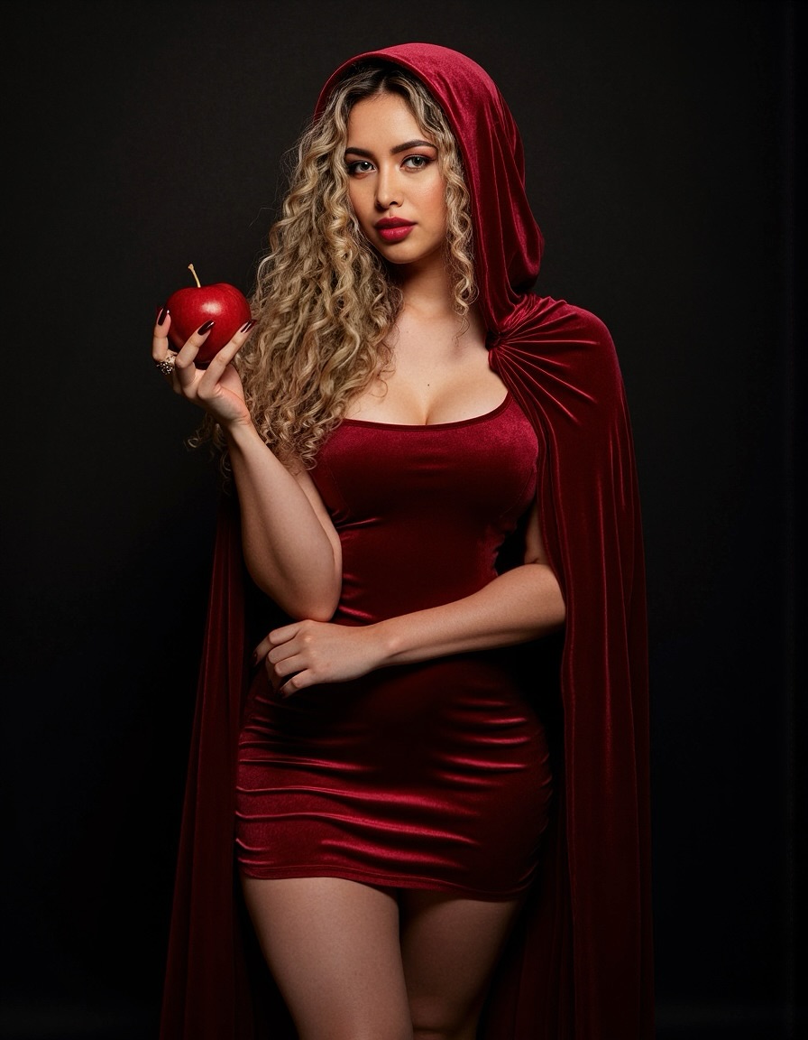 Rainha Iza de vestido e capa de veludo vermelho, segurando uma maçã